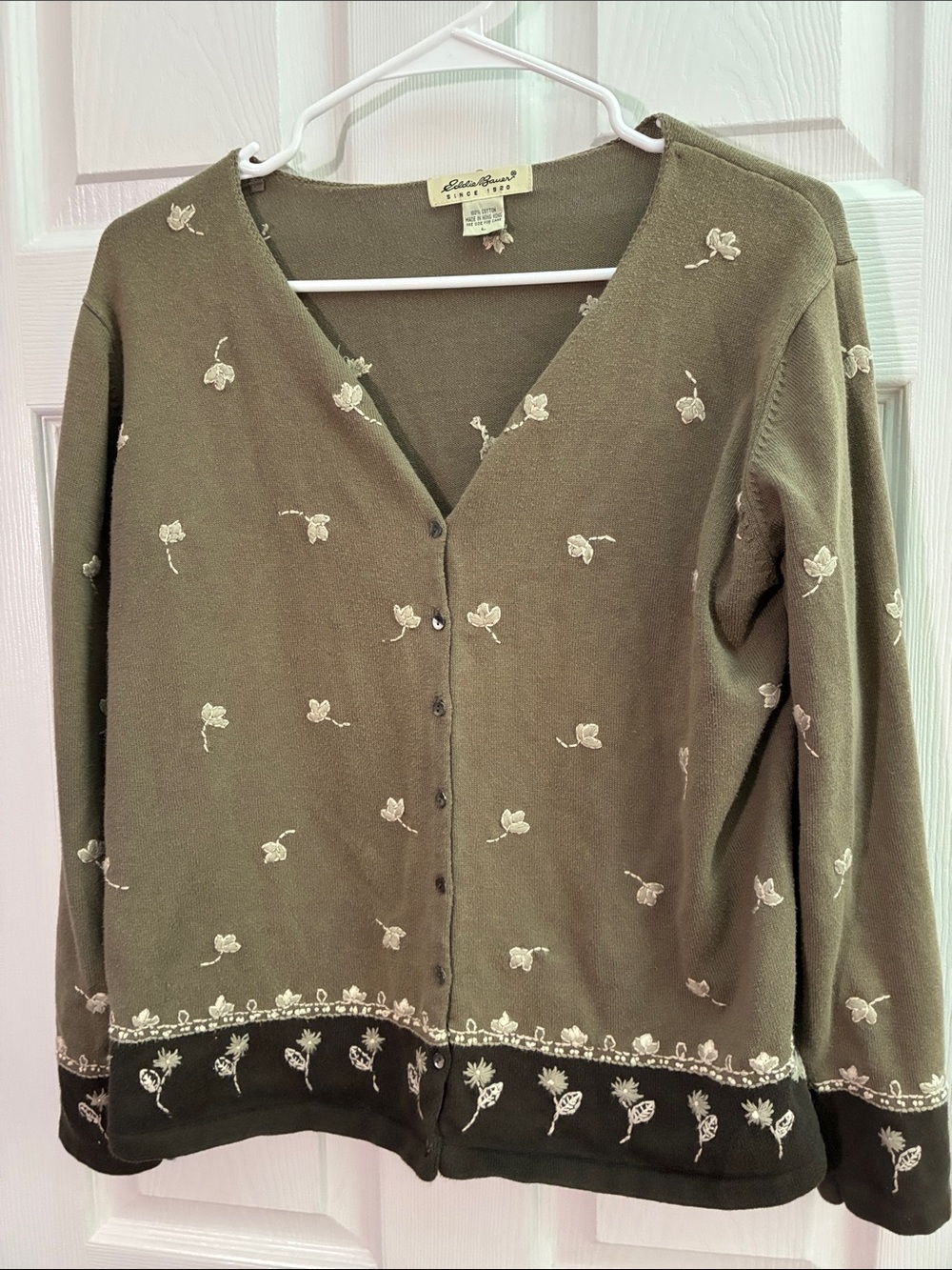 Eddie Bauer L 100% Cotton Button-up cardigan Olive Green Floral Embroidered